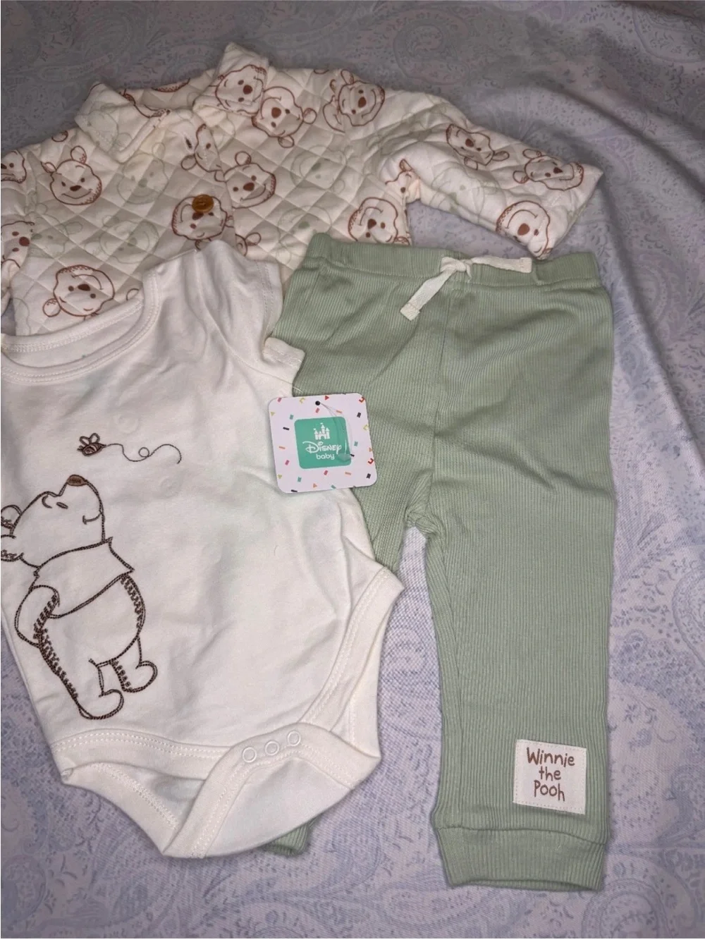 Disney Baby Winnie the Pooh 3 Piece Infant Quilted Jacket, Bodysuit & Pants Set